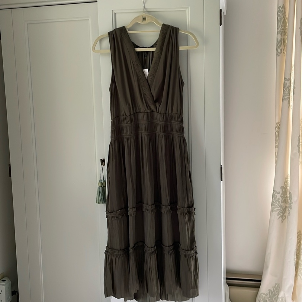 White House Black Market tiered moss green midi dress. Size small, never worn.